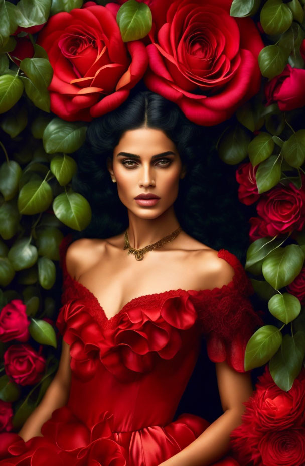 Dark-haired woman in off-shoulder red dress among greenery and red roses