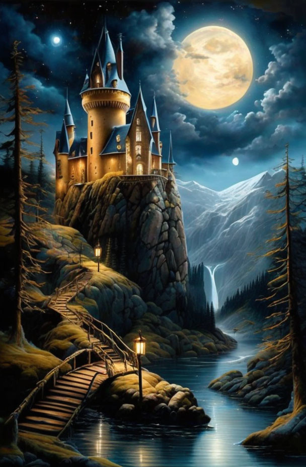 Fantasy castle on rocky cliff with waterfall under starry sky