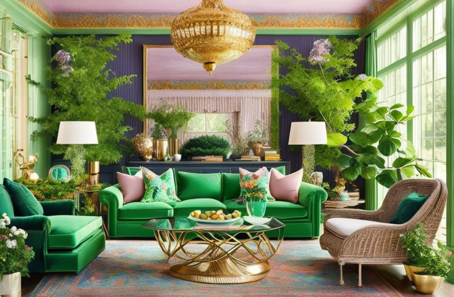 Green Walls, Gold Chandelier, Pink Pillows: Vibrant Living Room Decor