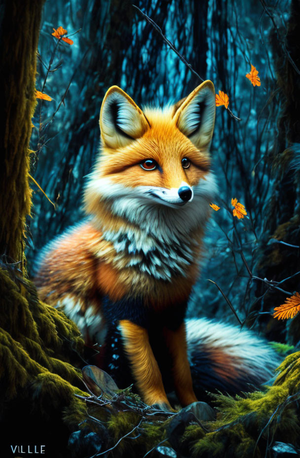 Orange Fox in Mystical Blue Forest with Moss-Covered Trees