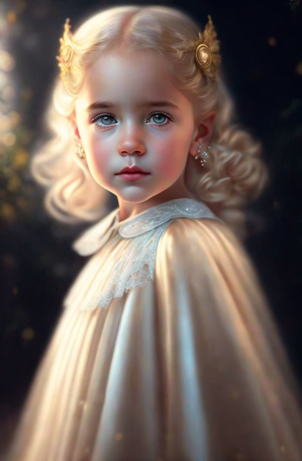 Young girl portrait with blue eyes, blonde curls, cream dress & hair accessories