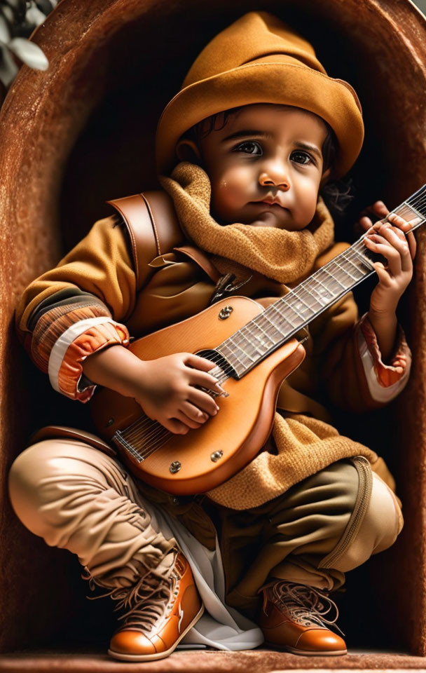 Toddler in stylish brown outfit and hat with small guitar in barrel