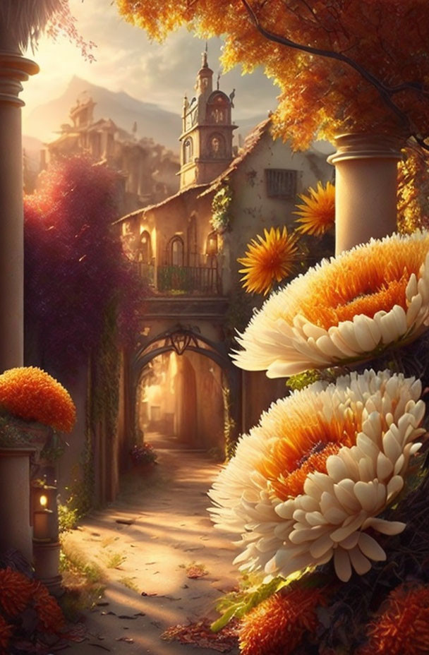 Vibrant flowers and autumn leaves in picturesque alley with old town bell tower at sunset