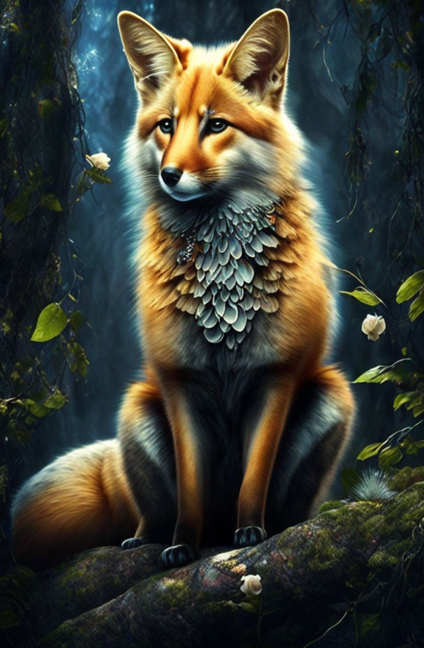 Majestic fox on log in enchanted forest with fantasy armor collar