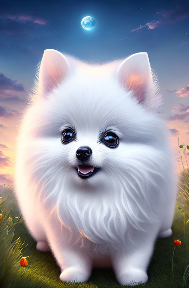 Fluffy White Pomeranian in Field at Dusk with Crescent Moon