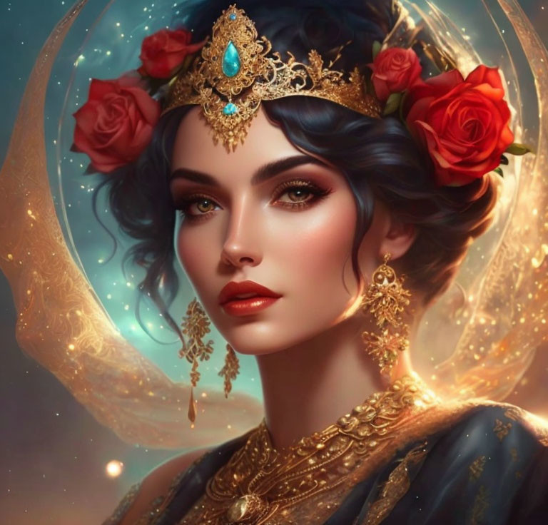 Portrait of woman with golden crown, roses, jewelry, makeup, and blue gemstone