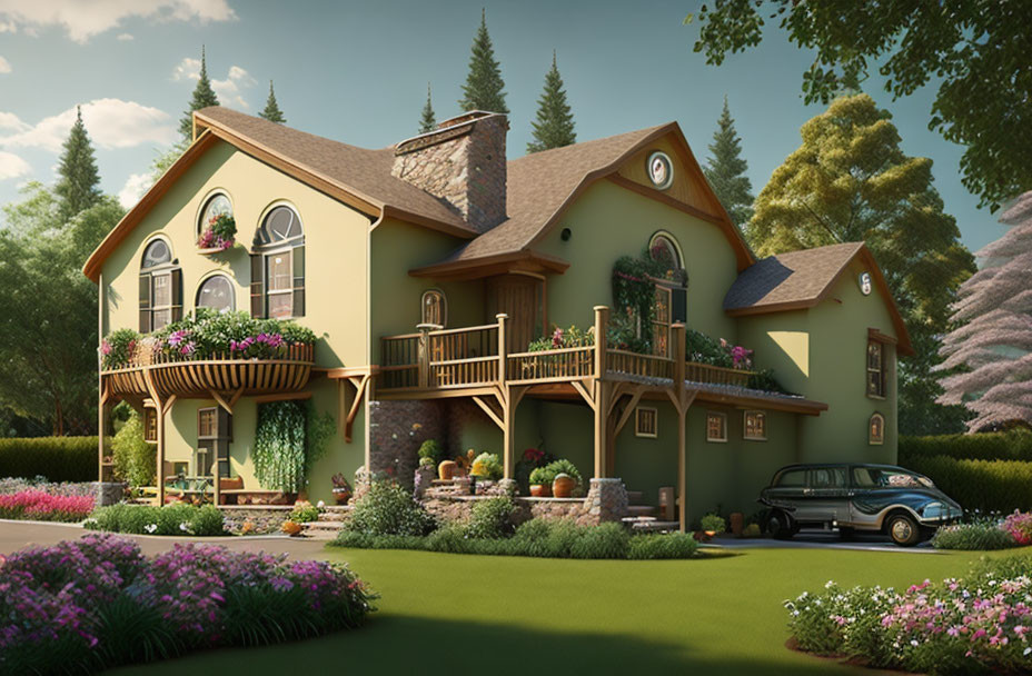 Two-story house with balcony, gardens, trees, vintage car on lawn