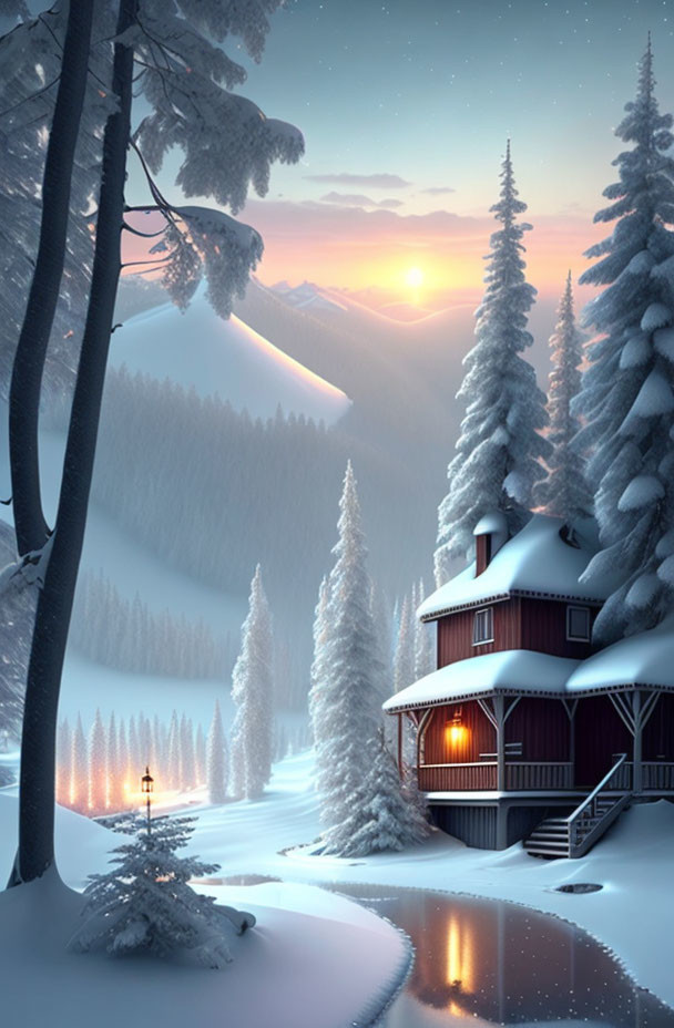 Winter Cabin Scene: Cozy Cabin, Snow-Covered Trees, Glowing Lamp Post