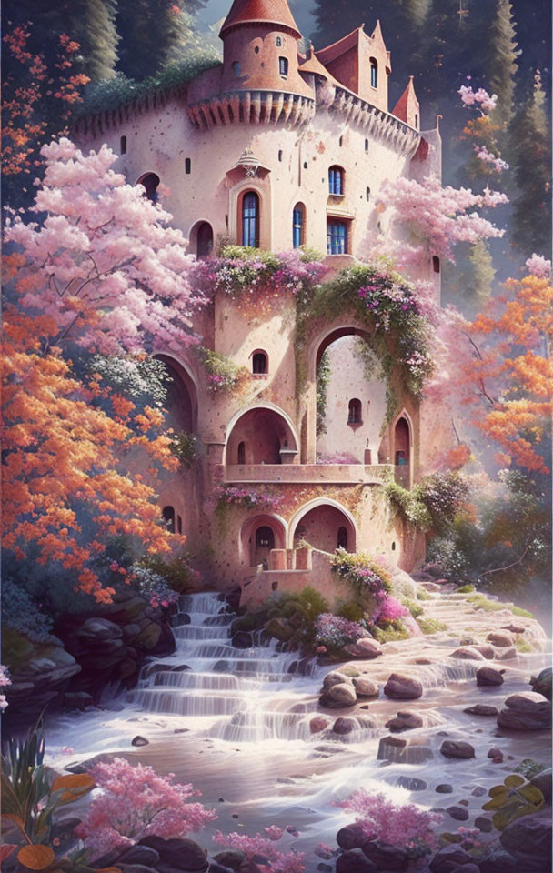 Enchanting castle with waterfalls and blooming trees in mystical forest