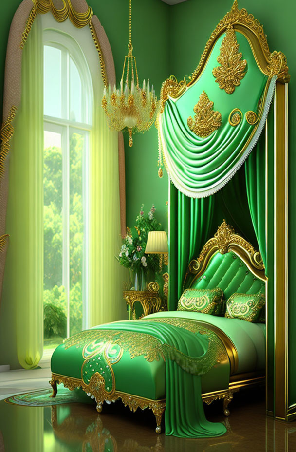 Luxurious Green and Gold Bedroom with Canopy Bed and Chandelier