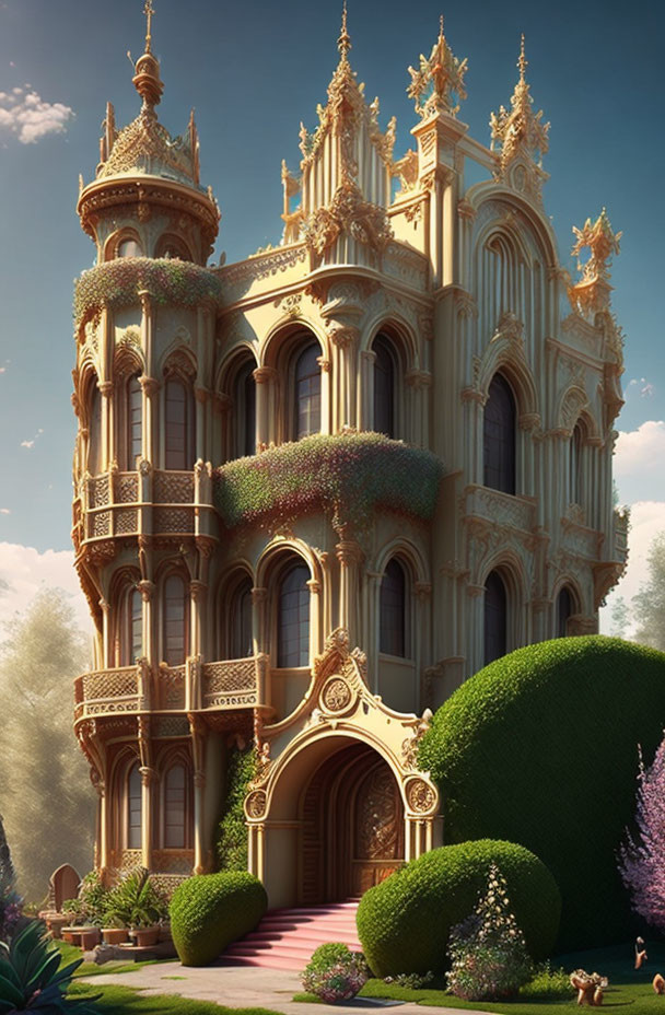 Intricate Gothic fantasy mansion in lush garden landscape