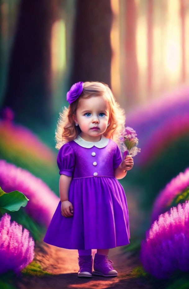 Young girl in purple dress holding flower on vibrant forest path