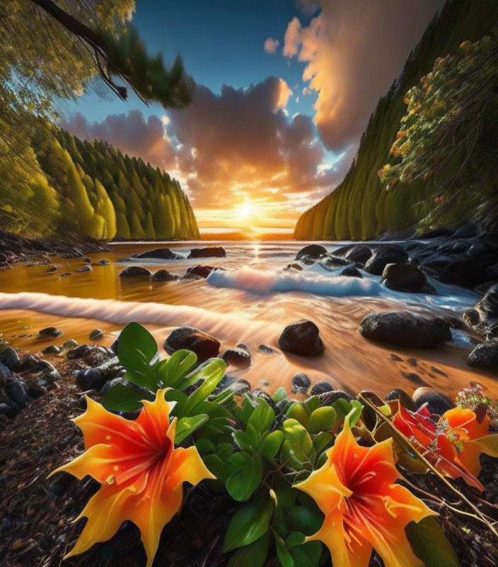 Serene river sunset with lush green forests and orange flowers