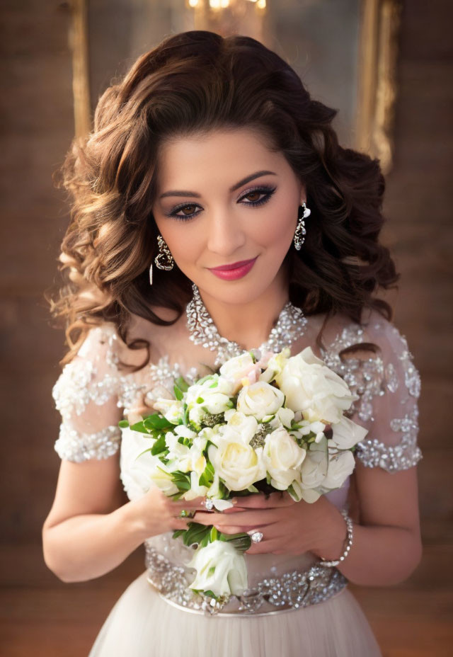 Styled hair and makeup bride in beige gown with white bouquet - elegant and detailed pose