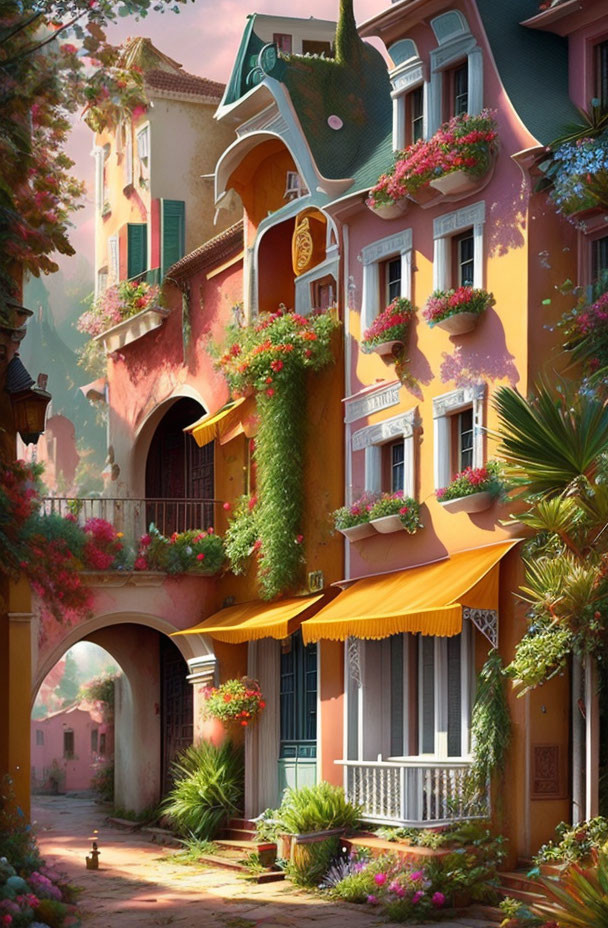 Charming European building with lush greenery and vibrant flowers