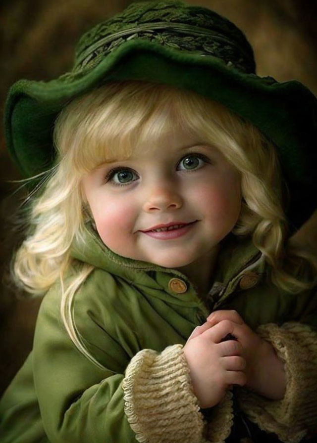 Blonde Child in Green Hat and Coat Smiling