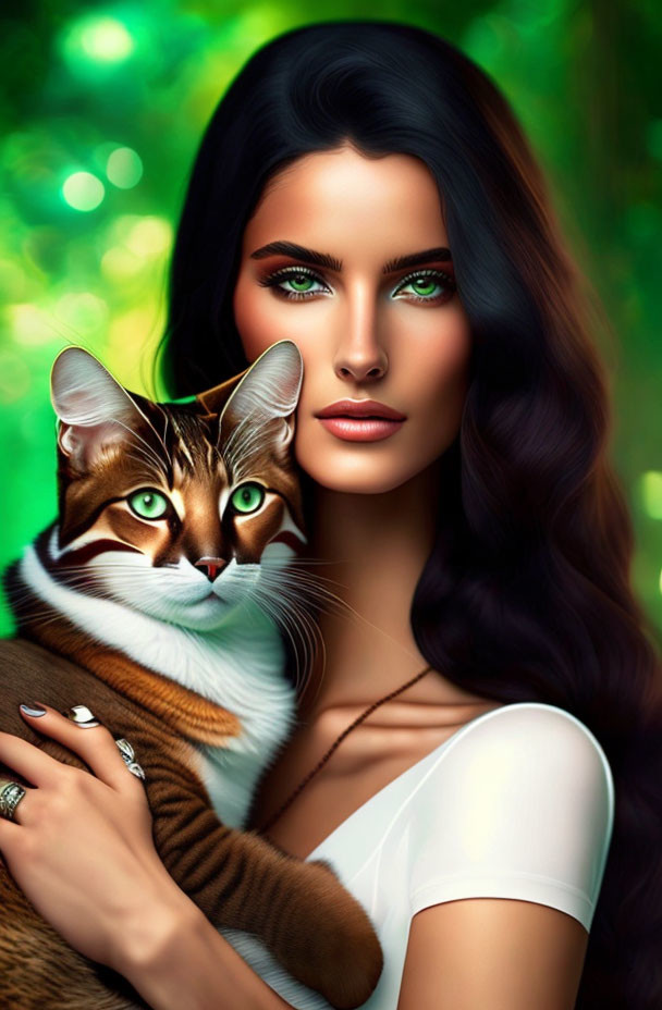 Woman with Striking Green Eyes Holding Cat on Green Backdrop