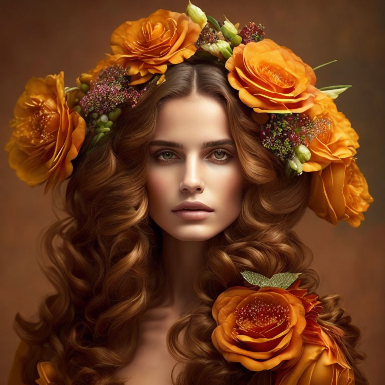 Woman with Voluminous Curly Hair and Orange Rose Wreath on Brown Background