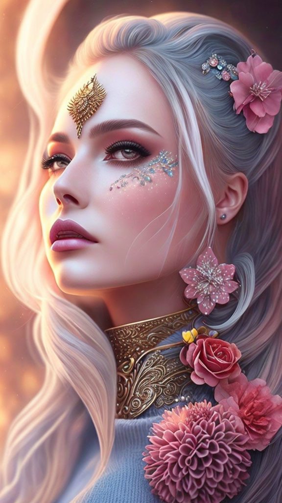 Digital artwork featuring woman with ornate makeup and golden forehead piece.