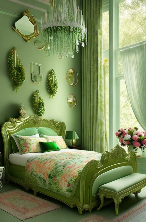 Green-themed elegant bedroom with ornate furniture and crystal chandelier