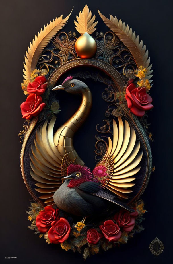 Golden peacock with red flowers in oval frame on dark backdrop