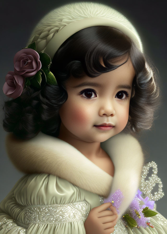 Young girl portrait with curly hair, rose, cream dress, and flowers.