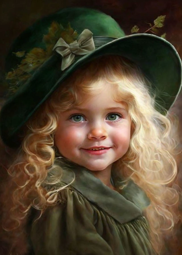 Smiling young girl portrait with curly blonde hair and green hat