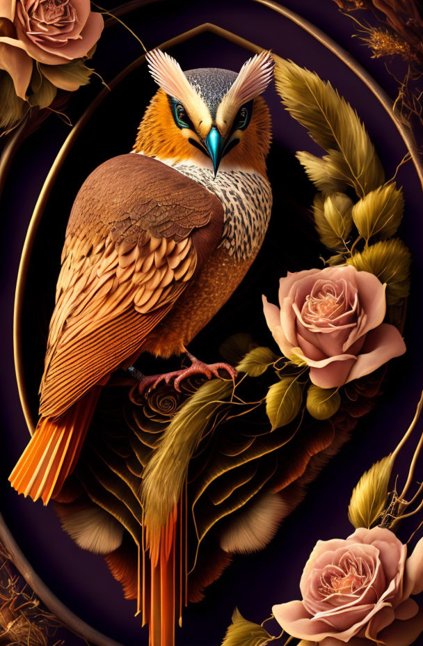 Detailed illustration of majestic bird with feathers, roses, and foliage on dark backdrop