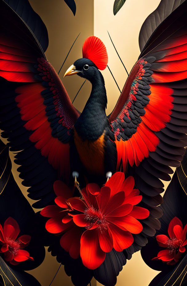 Vibrant bird with outstretched wings on crimson flowers against gold backdrop