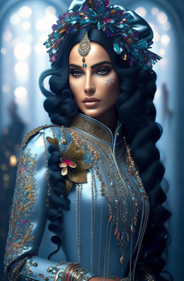 Illustrated woman with dark hair in blue traditional outfit and jewelry