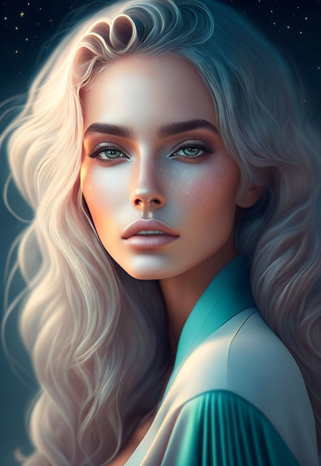 Blonde woman with blue eyes in starry digital art