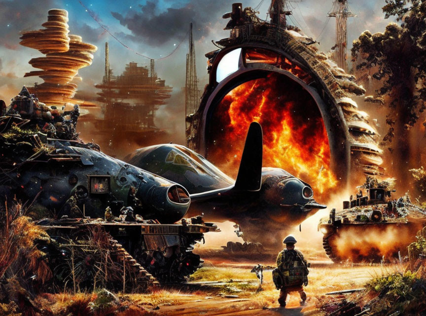 Military scene with soldiers, helicopter, tanks, and fiery portal in futuristic setting