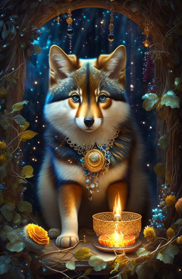 Whimsical corgi illustration with jeweled necklace and mystical forest backdrop