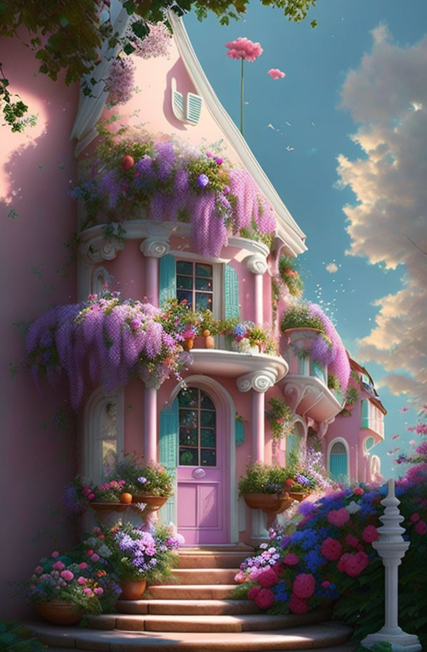 Pink house with purple wisteria and blooming flowers under serene sky