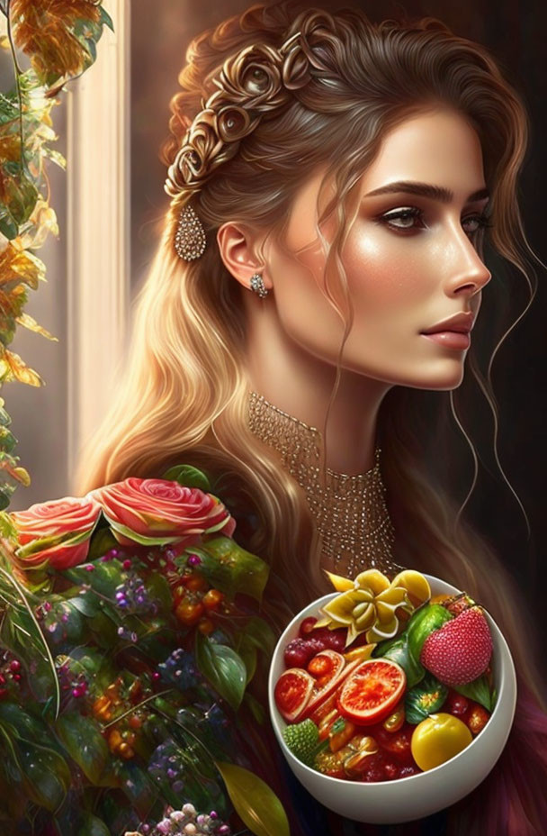 Illustrated woman with braided hair, choker, fruit, and flowers.