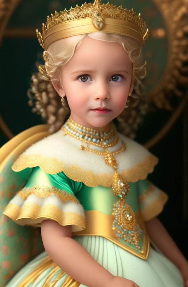 Regal young girl in vintage green and yellow gown with gold jewelry and crown.