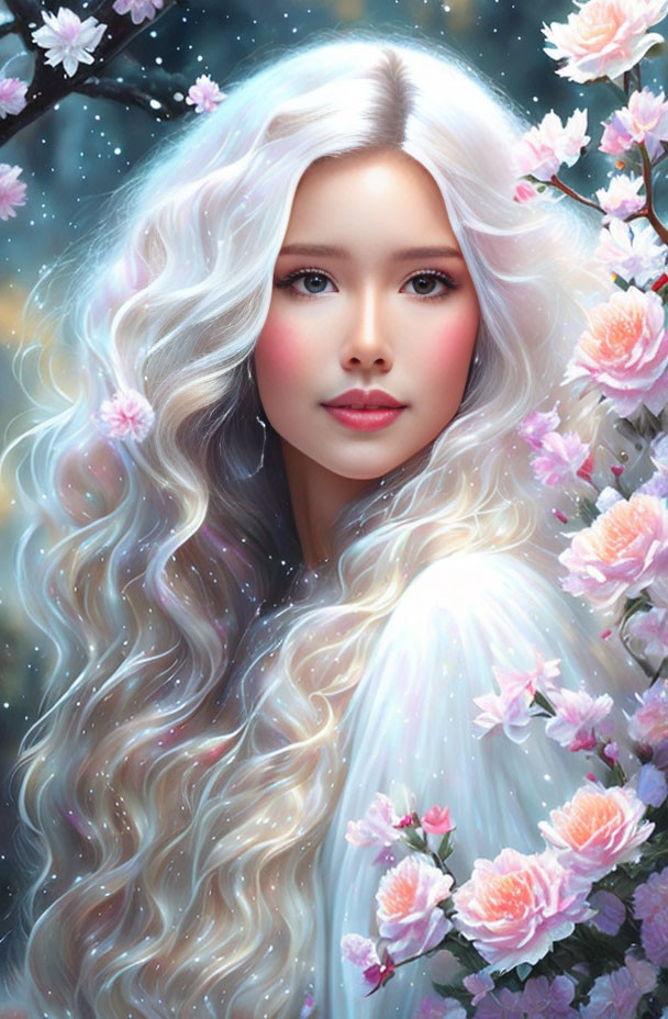 Digital artwork: Woman with flowing hair among blooming flowers and cosmic aura