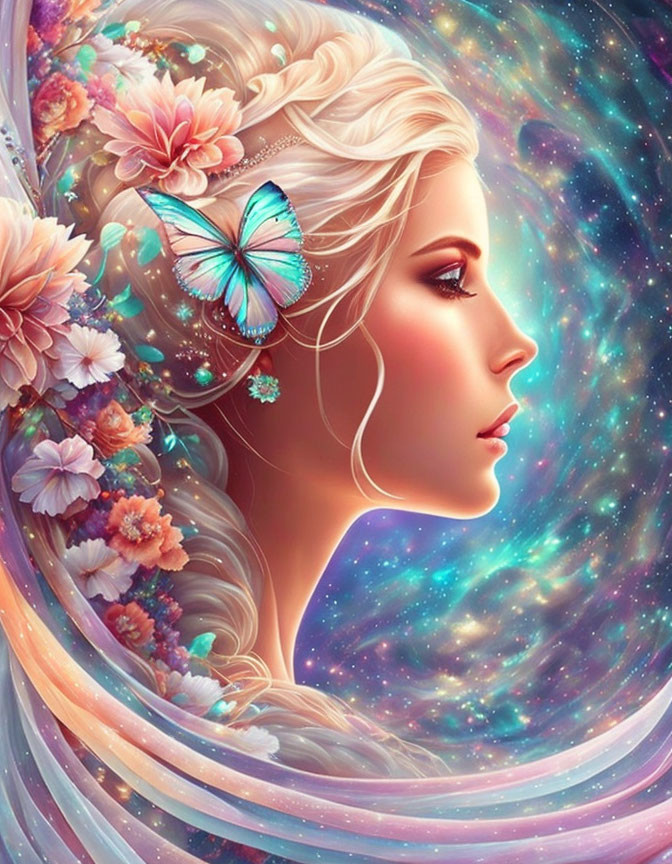 Illustrated profile of woman with ethereal features, flowers, butterfly, cosmic background