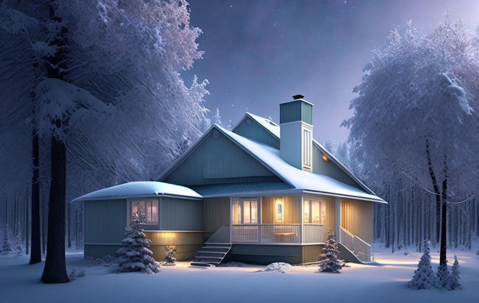 Snow-covered trees surround cozy house in serene winter night