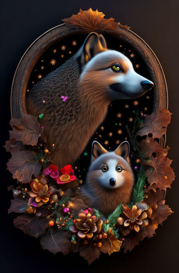 Stylized adult and young fox in ornate frame with starry backdrop