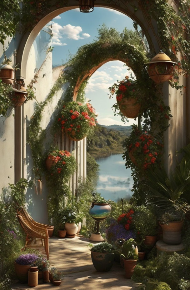 Tranquil lake view through arched gateway with hanging plants and flowers