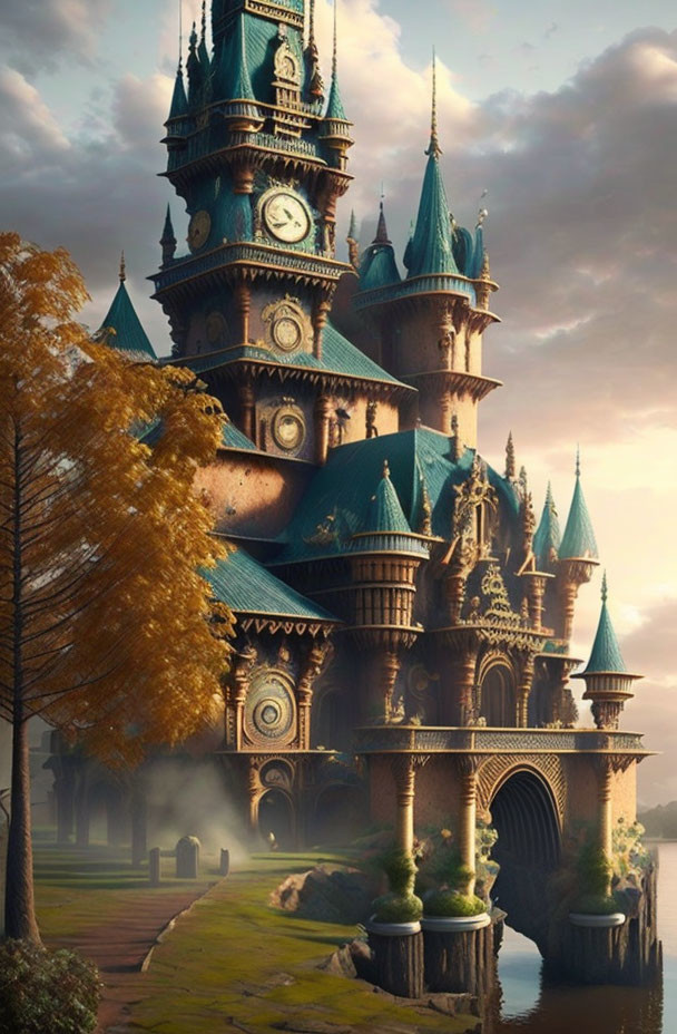 Fantasy castle with spires, clock faces, bridges, misty autumn setting