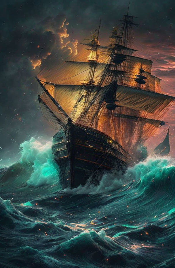 Sailing ship in stormy ocean with lightning flashes