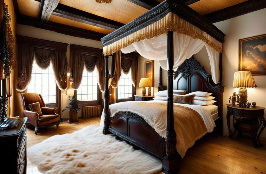 Elegant Bedroom with Canopy Bed and Hardwood Floors