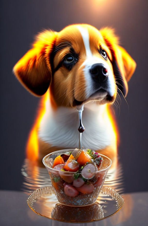 Brown and white fur puppy staring at droplet falling onto fruit salad bowl