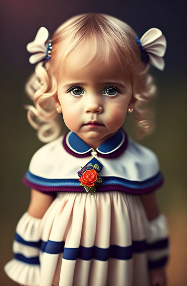 Curly-Haired Child in Striped Dress with Ribbon and Badge