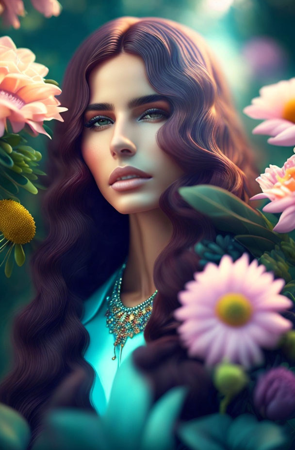 Woman with Brown Hair and Green Eyes Surrounded by Flowers