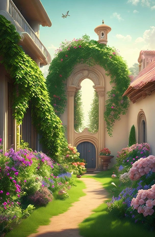 Tranquil path with flowers, ivy archway, houses, blue sky, and airplane