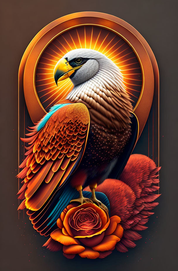 Colorful Eagle Illustration with Halo Background and Rose Perch