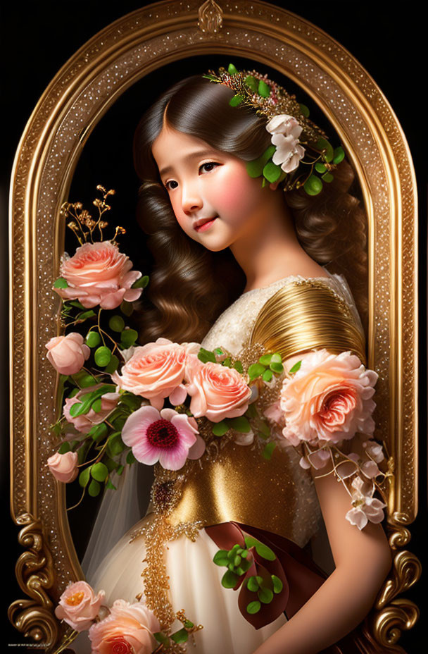 Young girl with curly hair in ornate oval frame holding pink blossoms wearing white and gold dress